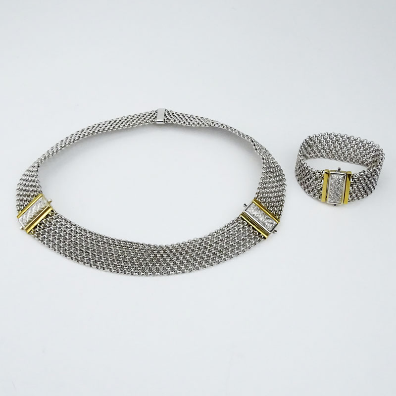 Italian Platinum, 18 Karat Yellow Gold and Diamond Accent Mesh Bracelet and Necklace Suite. All