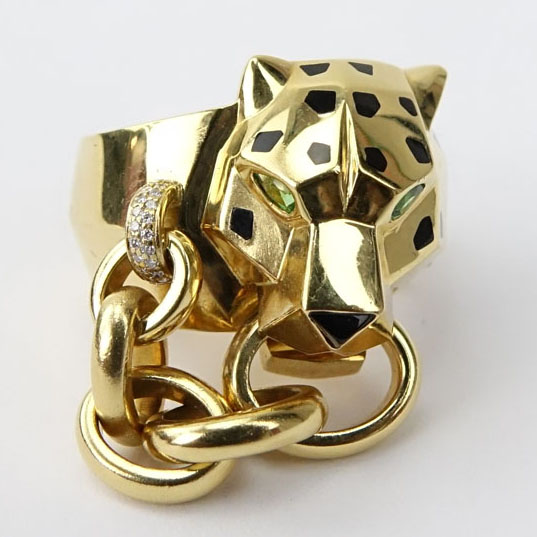 Panthère de Cartier 18 Karat Yellow Gold Ring. Set with diamonds, tsavorite eyes, onyx nose