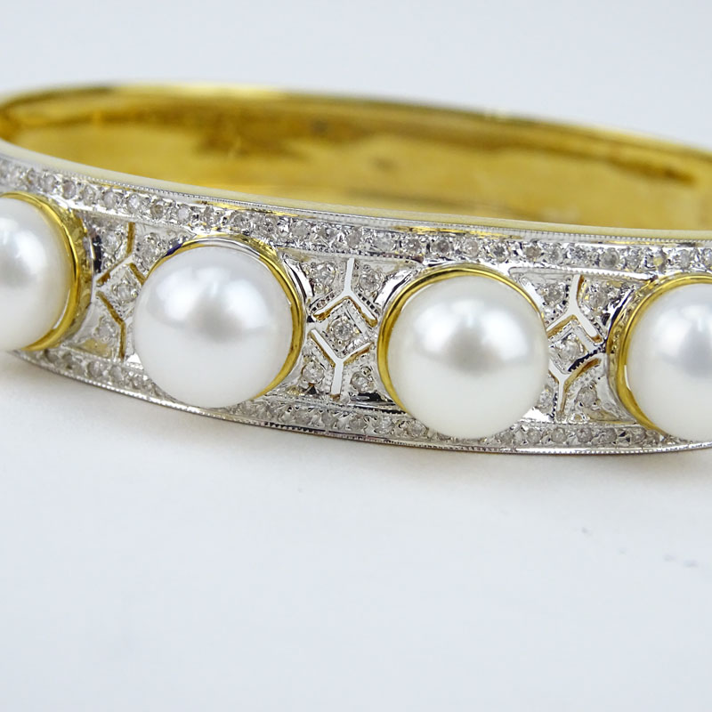 Finely Made Pave Set Diamond, South Sea Pearl and 18 Karat Yellow Gold Hinged Bangle Bracelet. - Image 4 of 4