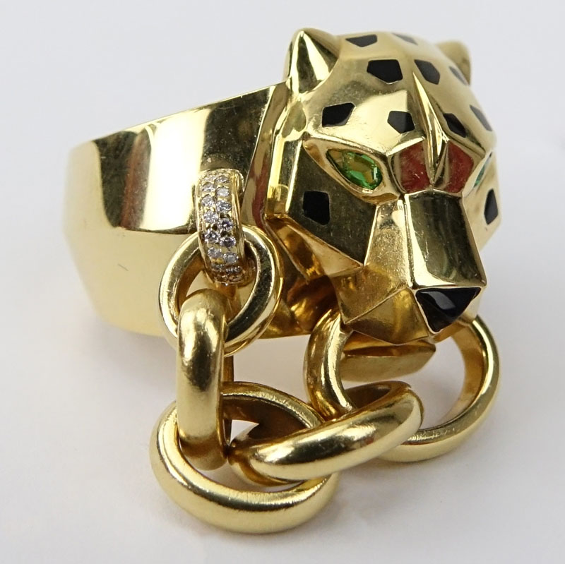 Panthère de Cartier 18 Karat Yellow Gold Ring. Set with diamonds, tsavorite eyes, onyx nose - Image 2 of 10