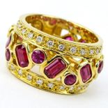 Sonia Bitton 14 Karat Yellow Gold, Diamond, High Quality Round and Baguette Cut Ruby Ring. Stamped