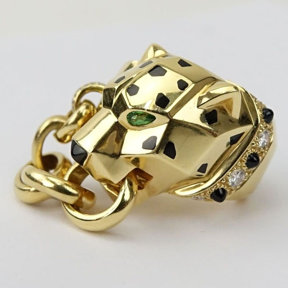 Panthère de Cartier 18 Karat Yellow Gold Ring. Set with diamonds, tsavorite eyes, onyx nose - Image 4 of 10