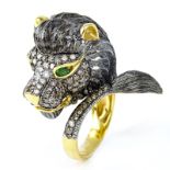 Vintage 18 Karat Yellow Gold, Round Cut Colored Diamond, Emerald Lion Head Ring. Stamped 750 with