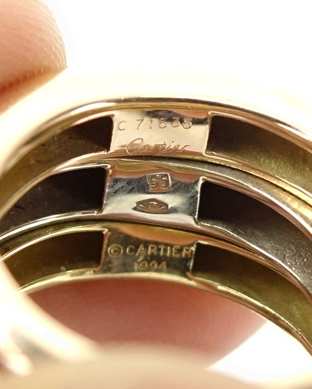 Cartier Stacking Tri-Color 18 Karat Gold Wide Band Ring. Signed Cartier 1994 750 # C71535. Good - Image 3 of 5
