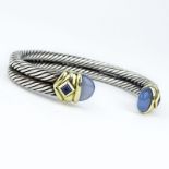 Vintage David Yurman Chalcedony, Sterling Silver and 14 Karat Yellow Gold Cable Cuff Bangle. Signed,
