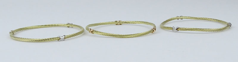 Three (3) David Yurman 14 Karat Yellow Gold Bangle Bracelets. Each with white or rose gold x's. - Image 3 of 5