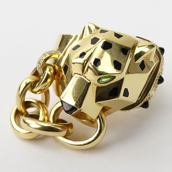 Panthère de Cartier 18 Karat Yellow Gold Ring. Set with diamonds, tsavorite eyes, onyx nose - Image 3 of 10