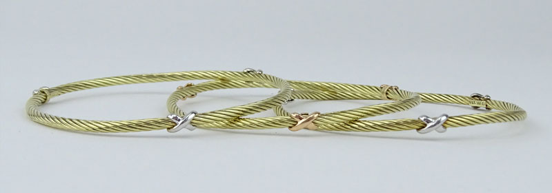 Three (3) David Yurman 14 Karat Yellow Gold Bangle Bracelets. Each with white or rose gold x's. - Image 2 of 5