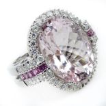 Large Oval Criss Cross Cut Morganite, Round Brilliant Cut Diamond, Pink Sapphire and 18 Karat