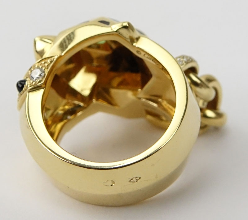 Panthère de Cartier 18 Karat Yellow Gold Ring. Set with diamonds, tsavorite eyes, onyx nose - Image 6 of 10