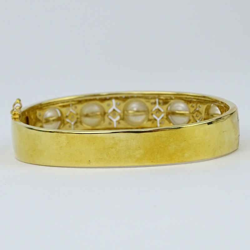 Finely Made Pave Set Diamond, South Sea Pearl and 18 Karat Yellow Gold Hinged Bangle Bracelet. - Image 2 of 4