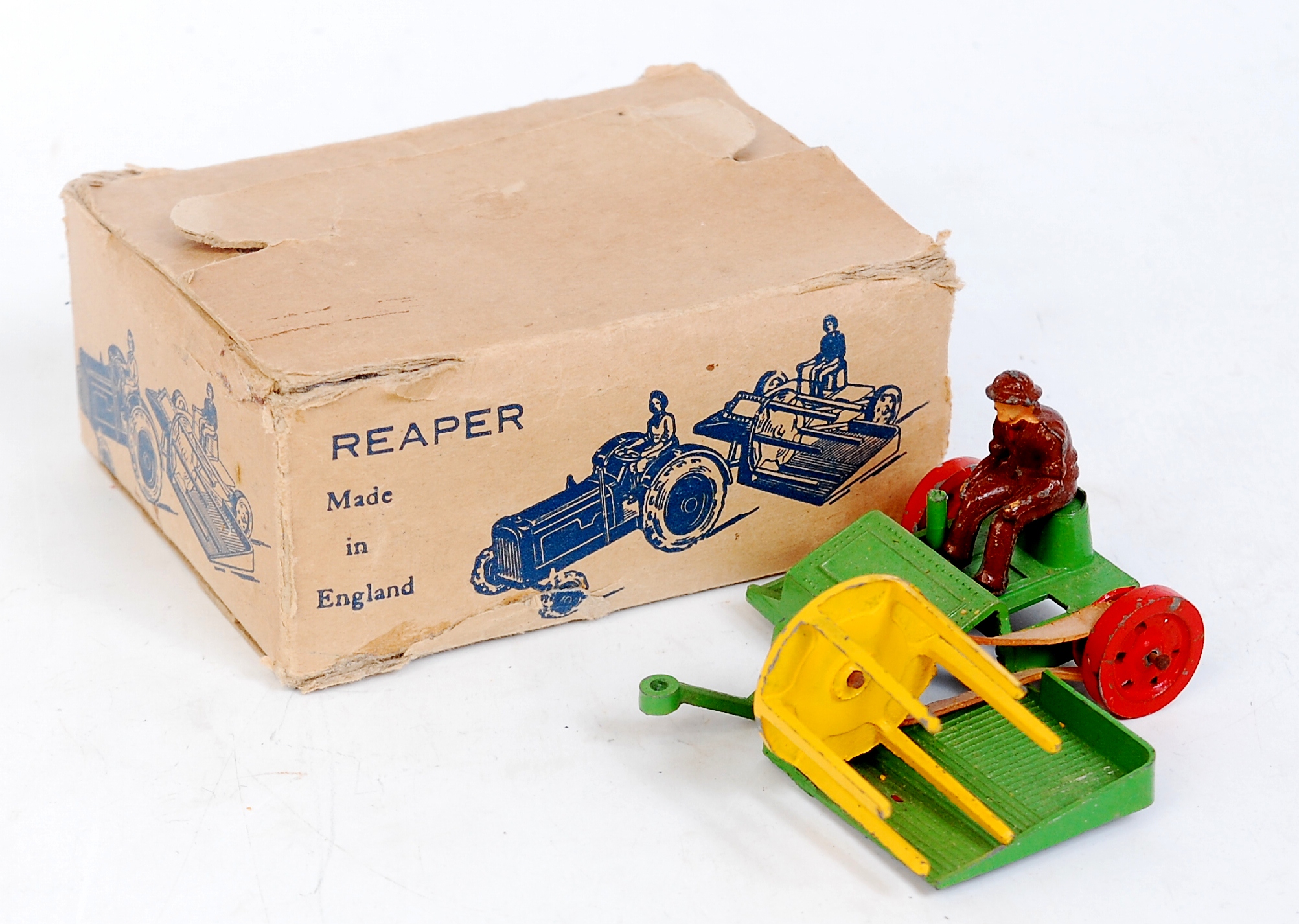 Charbens Boxed Farm Series "Reaper", green and yellow example, with orange wheels, with driver,