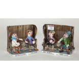 A pair of Will Young pottery figures each modelled as Widdecombe Fair characters seated on pew,