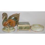 A small collection of onyx items to include a swan ornament, table cigarette box,