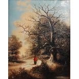 19th century Norwich school - Lone figure on a Winter lane, oil on canvas,
