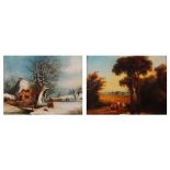 19th century English school - Pair; Winter and Summer figure landscapes, oil on canvas,