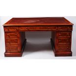 A Victorian pitch pine and later burr walnut veneered twin pedestal desk,