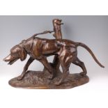 After Pierre-Jules Mêne - Hunting hound tethered to a tree stump, bronze, bears signature, w.