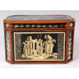 A George III mahogany chequer strung and glass inset tea caddy, of canted rectangular form,