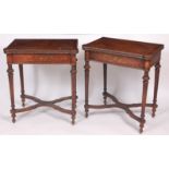 A pair of Louis XVI style walnut, inlaid and penwork decorated fold-over card tables,