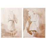 Mid-19th century school - Pair of Egyptian portrait studies, ink and sepia watercolour wash,