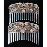 A pair of late Victorian white metal and precious set hair combs,