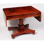 A William IV mahogany pedestal sofa table, having twin blind frieze drawers over a quatraform base,