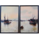 Arthur Wilson - Pair; Barges on the Thames, oil on canvas (re-lined), each signed lower right,