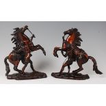 After Guillaume Costeau - Pair of bronze Marley horses with horsemen, each in rearing pose, h.