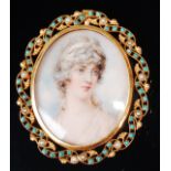 19th century English school - Bust portrait of Lady Gertrude Wallis, miniature watercolour on ivory,