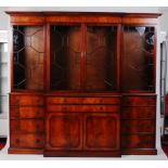 A Georgian style mahogany breakfront secretaire library bookcase,