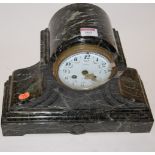 A circa 1900 French veined marble cased mantel clock having enamel dial with Arabic numerals and