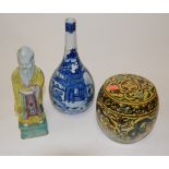 A Chinese export blue and white bottle vase, typically decorated with figures amongst landscapes,