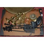 A box of miscellaneous metalwares to include; embossed copper tray, turned brass candlesticks,