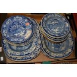 A box of miscellaneous blue & white transfer decorated meat plates,