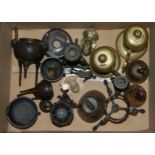 A box of miscellaneous metalwares to include reproduction Chinese bronzed censer,