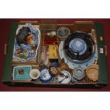A box of miscellaneous items to include; Wedgwood blue jasper ware trinket jar and cover,