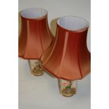 A pair of Japanese Satsuma vases later converted to table lamps each with silk shade