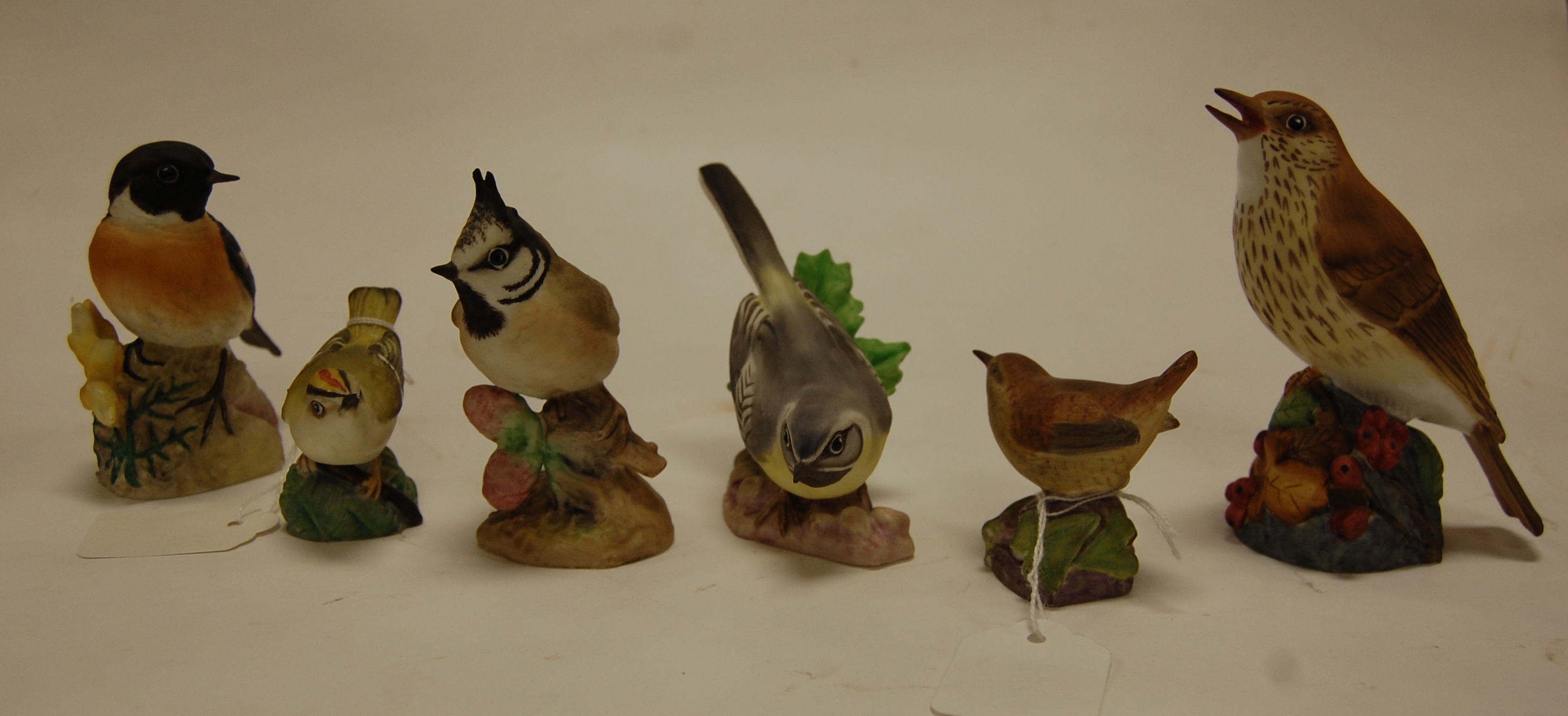 A collection of six Royal Worcester bird figures to include; Goldcrest, Wren, Thrush, Stonechat,