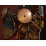 A large collection of assorted 19th century and later copperwares to include; embossed coal scuttle,