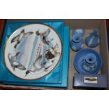 A Wedgwood blue jasper ware mantel clock having a silver dial with Roman numerals by Baronet of