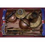 A box of various metalware to include brass companion stand, copper kettles,