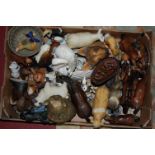 A box of assorted animal figures and ornaments to include; Alsatian, rearing horse figures,