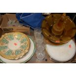 A box of miscellaneous items to include; Victorian dessert plates, Copeland Spode dinner plates,