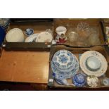 Three boxes of miscellaneous china and glass to include; Ridgeway Windsor pattern teawares,