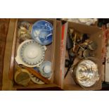 Two boxes of mixed china and metalware to include German biersteins,