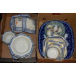 Two boxes of miscellaneous china to include large blue & white transfer decorated meat plate,