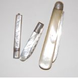 A mother of pearl silver bladed pocket fruit knife, one other smaller example,