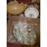 Two boxes of miscellaneous items to include; set of six moulded glass rummers, Coalport fruit bowl,