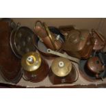 A box of miscellaneous metalwares to include; large circular embossed copper tray,